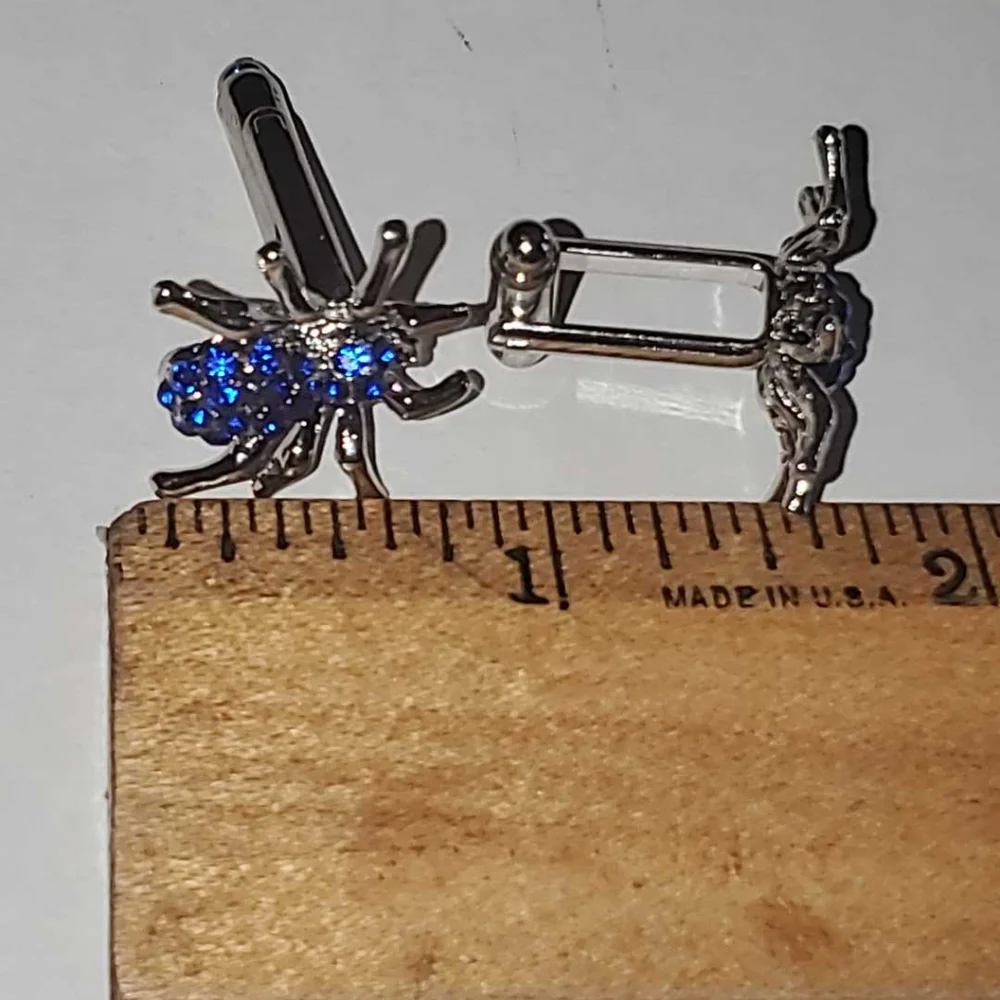 NWT Silver Plated & Bright Blue Rhinestone Creepy Spider Cufflinks